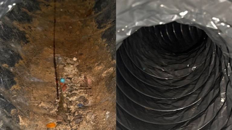 Before and after comparison of an air duct, showing heavy dirt and debris buildup on the left versus a clean interior on the right after Voyager's cleaning service.